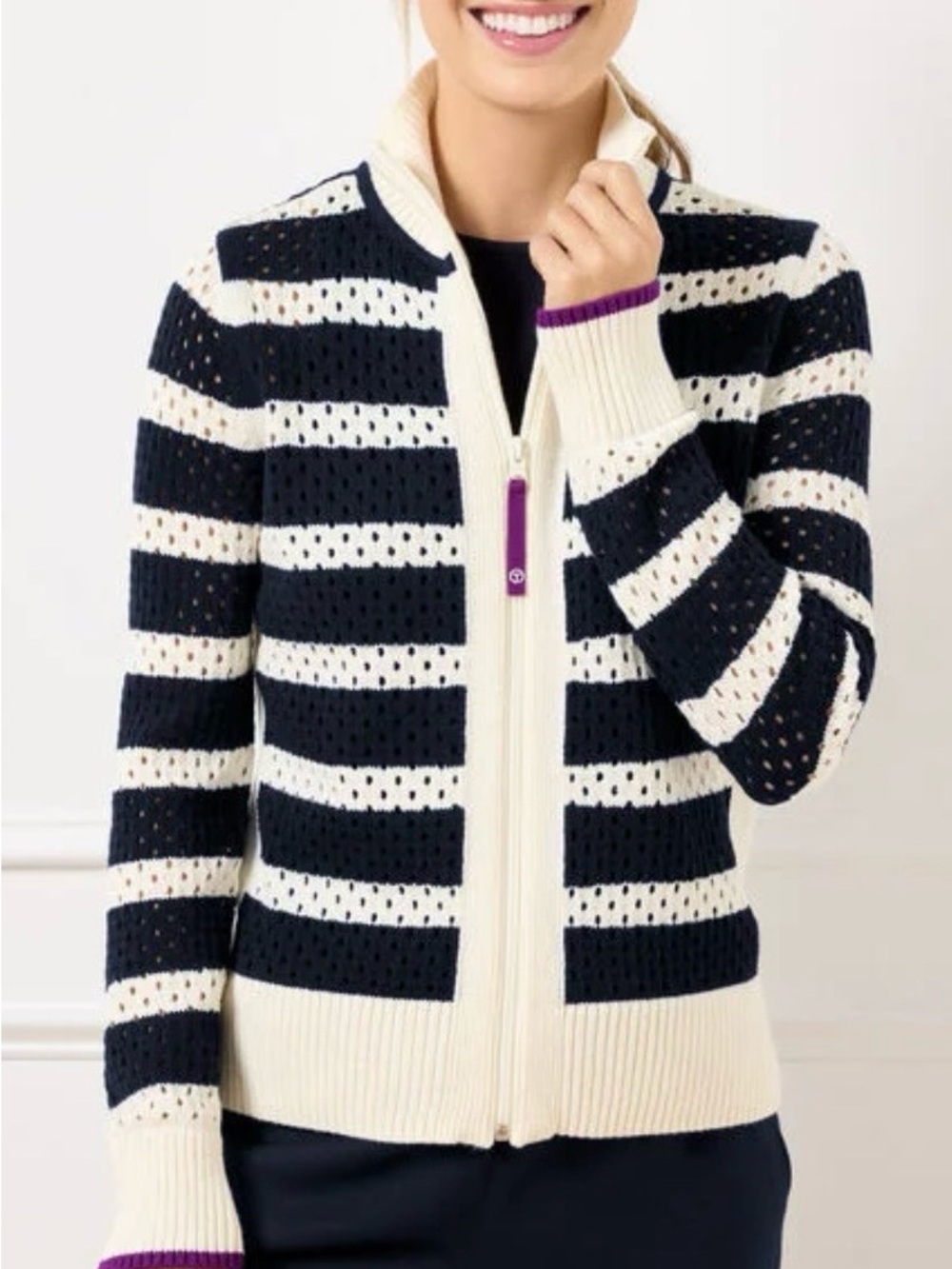 Talbots Navy and Cream Striped Zip Sweater with Purple Accents
